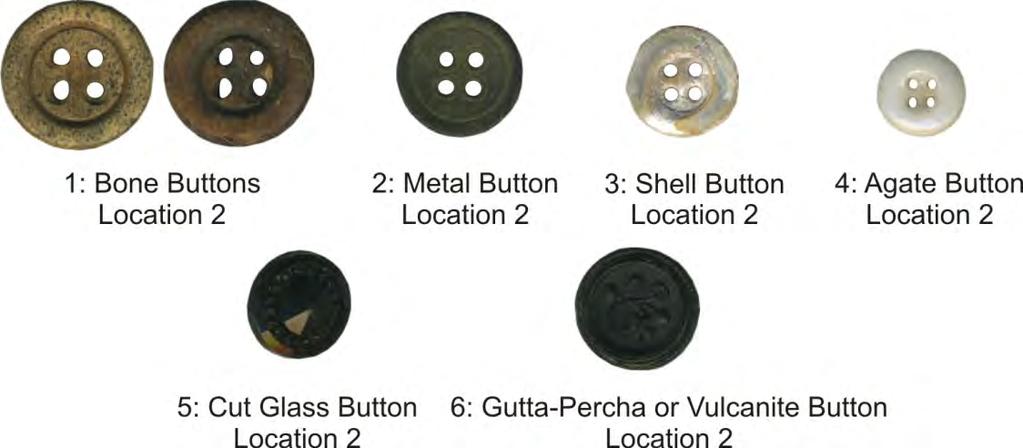 Plate 27: Buttons Recovered from Location 2 (BhFw-21), actual size Horse Tack A total of 34 pieces of horse tack were recovered from Location 2 (BhFw-21) including 28 horseshoe nails, four horseshoes