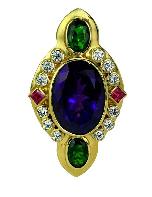 Top Right: 18K yellow gold ring featuring an 18.21 ct. Amethyst with Tourmalines, chrome Diopside and Diamonds by Paula Crevoshay of Crevoshay.
