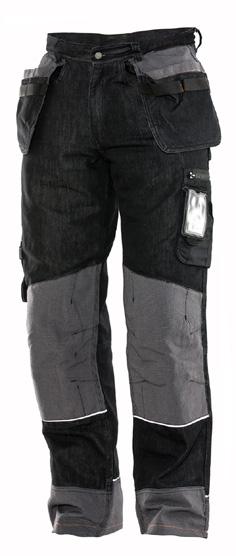 Reinforced back pockets. Hammer loop and ruler pocket on right leg. Pocket on left leg with zip and ID-card slot. Prebent knees for optimized fit.