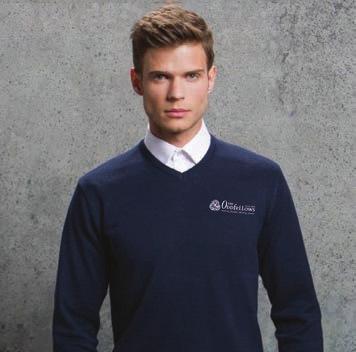 Navy Branded V-Neck Sweater A popular knitwear garment that combines a versatile fine gauge knit with smart durability. Branded with stitched logo.