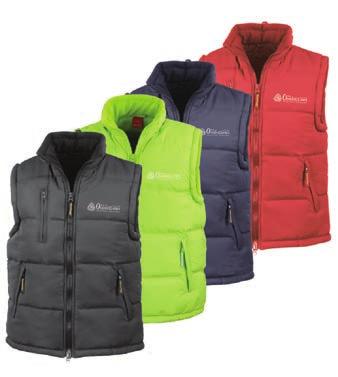 Unisex Gilet with consealed hood Outer layer: 130g/m² Polyester micro-fibre peach Insulation: 100% Polyester 150g/m² handfilled padded wadding Lining: 100% Polyester active fleece by Result Water