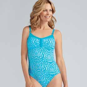 Hawaii One Piece Style 70801 Turquoise/White Sizes 6 14 A; 8 16 B, C; 8 14 D Material 82% Nylon, 18% Spandex Fresh and lively all over print Solid turquoise fabric frames neckline Solid straps