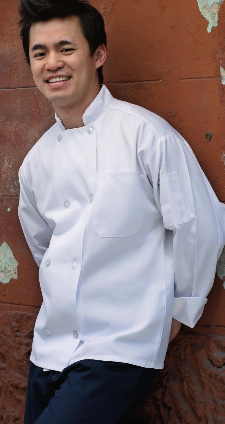 80 10 Knot Chef Coat Easy-care 65/35 poly cotton twill Uncommon Features: Thermometer pocket, mitered breast pocket, inset knot buttons,