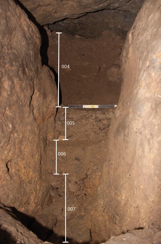 The section was cleaned revealing a faint line on the side wall - the compacted surface of the original bronze age infill. This line can be seen just to the left of the scale in figure 6.