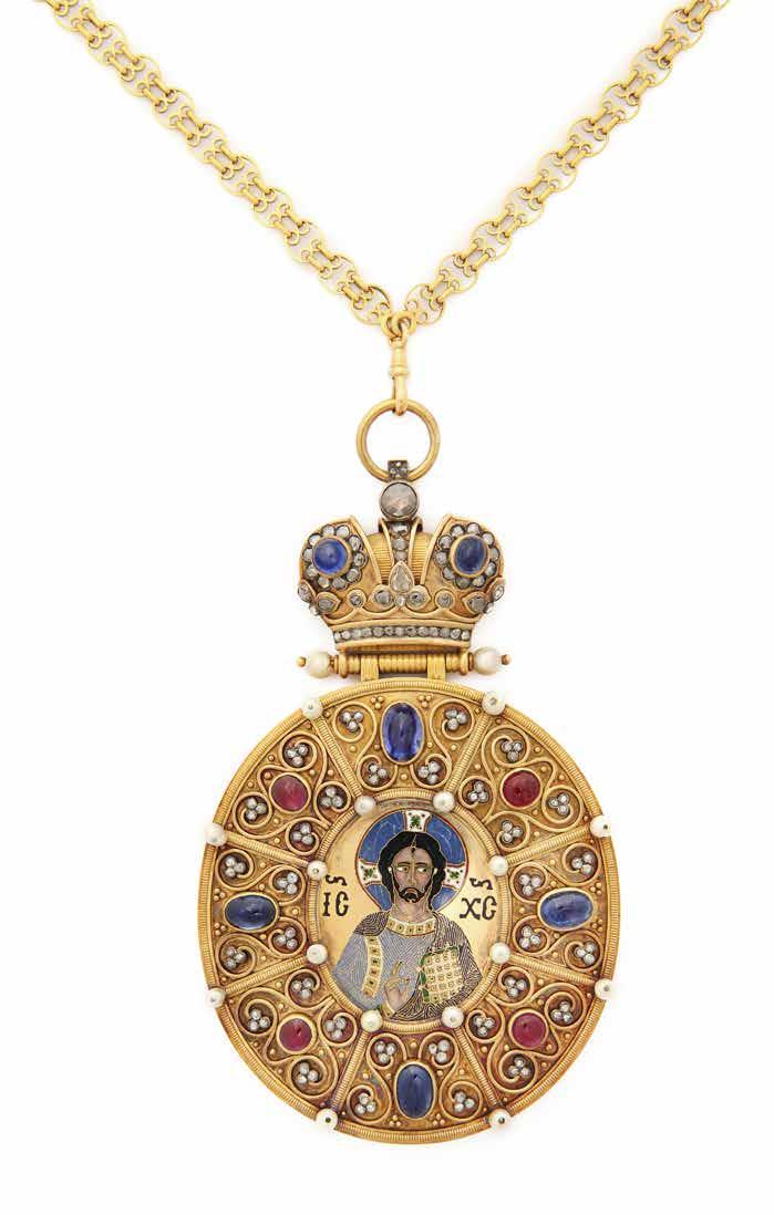 www.alvr.com Fabergé Panagia by workmaster Henrik Wigstrom, c.1910 in gold, diamonds, sapphires, pearls, and enamel.