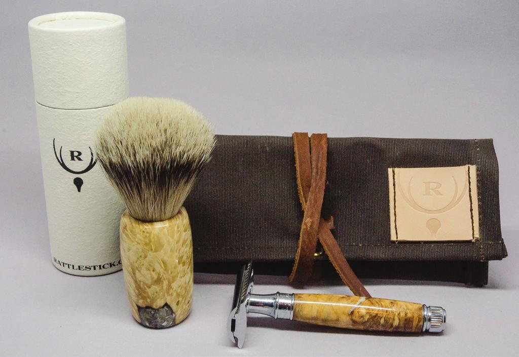 Tonic bottle paper tube, abalone inlaid silvertip brush, waxed canvas