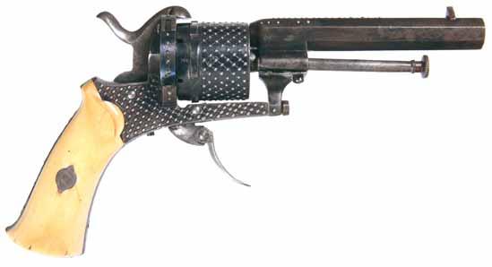 4001* Pin-fire revolver, 3.25" (8.25cm) octagonal smooth bore, 7 shot, silver pins placed on barrel, cylinder, frame and grips, folding trigger, metal ram rod, checkered grips are made of ebony.