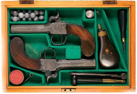 4012* Cased pair of percussion box lock pistols, by G.B.Modini (Practical Gun Maker & Working Cutler), Sydney, both guns have smooth 3.5" octagonal 18 bore (16.