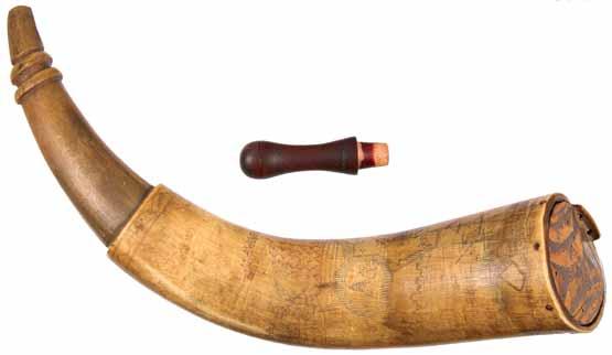 4077* Scrimshaw powder horn, circa 1757, large scene carved into horn of a large walled settlement, also carved on the horn is a crest, Hallefax (sic), two Man 'o' Wars with the British