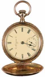 4128* Lady's fancy gold hunter pocket watch, Elgin c1905, 10ct gold ornate case (35mm), top wind, white enamel dial, subsidiary seconds