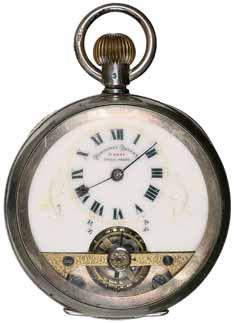 4137* Gent's pocket watch, c1919, Hebdomas 8 Days, top wind, open face with skeleton window at bottom, silver case (53mm) with London import marks for 1919, case number 828957, white enamel dial with