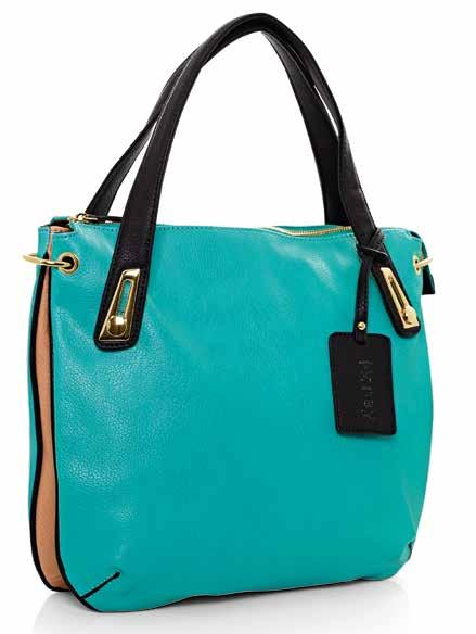 BACK VIEW 58049 Turquoise leather-look handbag. Caramel and Black leather-look trim. 24ct gold plated hardware. Central metal zip closure. Two inner utility pouches.