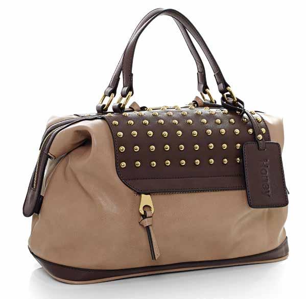 BACK VIEW 58062 Cappuccino leather-look handbag. Chocolate Brown leather-look trim. Metal stud detail. 24ct gold plated hardware. Central metal zip closure.