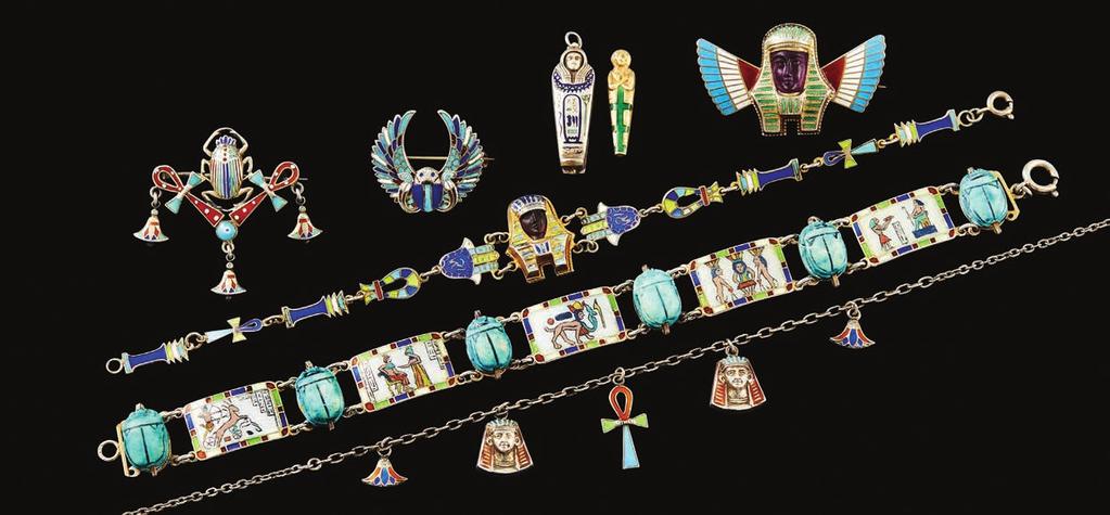 Page Seven: A Complex Egyptian Revival Brooch With Kepri & Lotus Drops...$1,200 Incredible Sphinx, Hamsa Hand, Sa & Ankh Bracelet c1925.