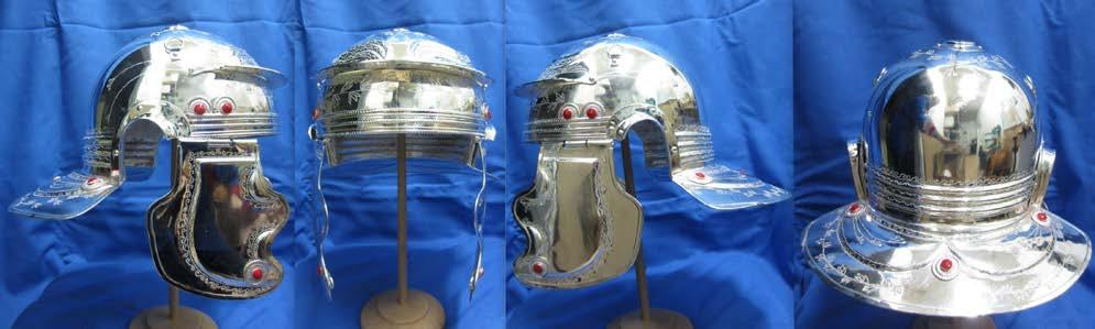 The helmet shows evidence of three layers of decorative plating in silver and gilding, applied at three different times during its use.