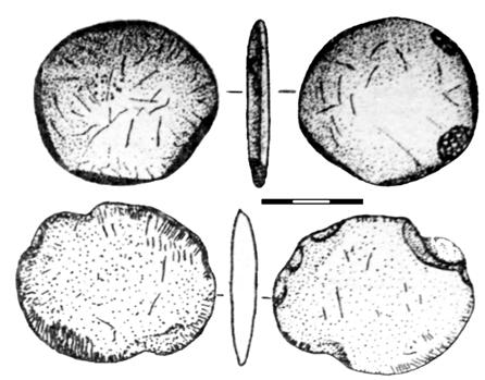 A pendant-tablet, with a hole for cord, has several engraved signs related with sacred numerology as well as others, similar with the ones from the Danube script (fig. VIIC.