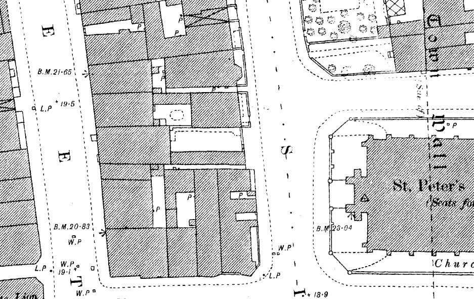The first edition OS map of 1885 (Figure 3, below) shows a defined plot of land as an extension of the parcel occupied by 59 King Street in the form of a gated yard with outbuildings or stables in a