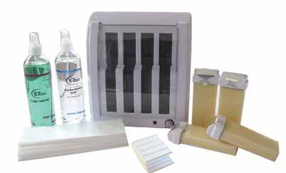 Clear protection cover. (wax not included) 1 wax heater - 4 bays. 4 wax cartridges. 100pcs waxing strips.