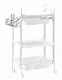 Top tier - shelf with drawer white heavy duty plastic, chrome metal basket attached to the top side of the trolley.