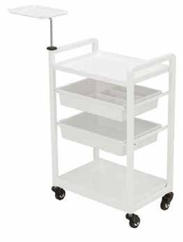 Three Tier Wooden Trolley (Chocolate Colour) AB42 $215 Top tier shelf with drawer. Mid and bottom tier, wooden shelves with lip around three side to secure equipment.