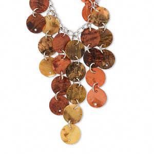 Necklace, mussel shell (dyed) with imitation rhodium, orange, 12mm coin, 18 inches with