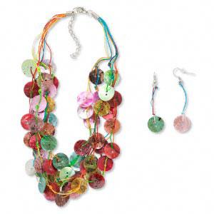 #AFMN608 Necklace and earring set, shell and cord, multi-color, buttons, 16 to 18-inches/2