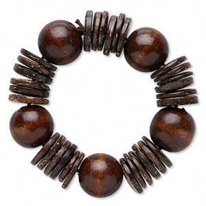#AFMN637 Bracelet, coconut shell and wood, stretch, dark brown,