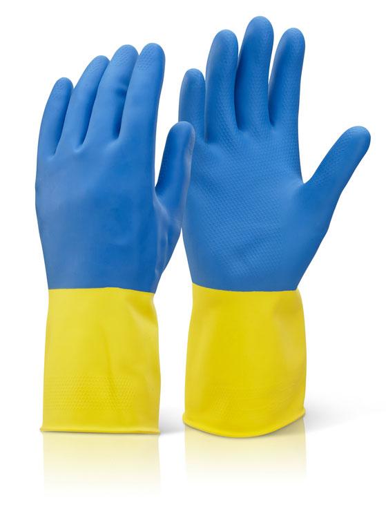 2 COLOUR HEAVYWEIGHT GLOVE YELLOW/BLUE BCYBL S - XL As Shown BCYB Heavy weight rubber glove. Withstands repeated rubbing and scuffing. Neoprene blended natural latex Offers sensitivity and comfort.