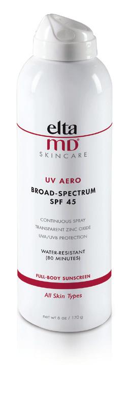 EltaMD UV Aero sprays on white so you can see coverage then dries clear when rubbed in. Continuous spray convenience Water-resistant (80 minutes) 9.3% Zinc oxide,7.