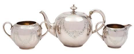 158 158 A Victorian silver bachelor s threepiece tea service, maker Robert Harper, London, 1869 of globular form with engraved garland