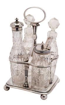 177 177 A George IV silver cruet stand, maker Rebecca Emes & Edward Barnard I, London, 1822 of square outline, the four-division cage with central loop