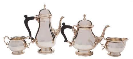 46 46 An Elizabeth II silver four-piece tea and coffee set, maker Barker Ellis Silver Co, Sheffield, 1978 of plain baluster form with gadrooned borders, raised on circular feet, includes; coffee pot,