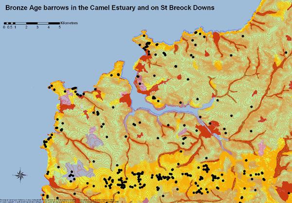 This map shows the distribution of Bronze Age barrows in an area centred on Wadebridge.