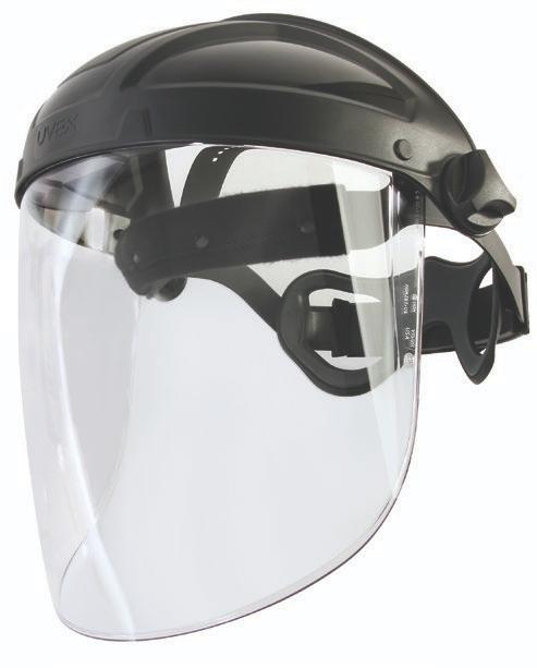 FACE SHIELDS S9500 with S9555 visor S8500 Uvex Turboshield Faceshield Patented head-cushioning suspension cradle Patent-pending push-button visor attachment and release system Toric-shaped visor