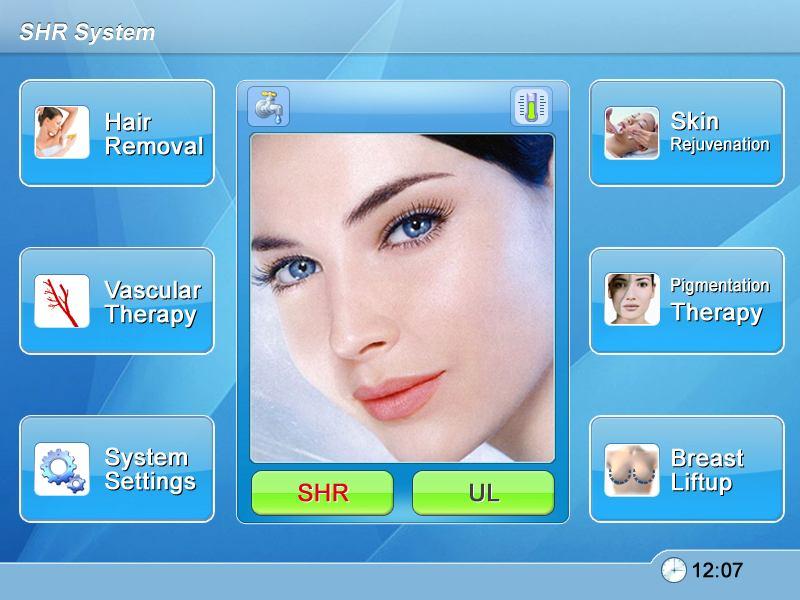 Machine operation menu introduction When turning on the machine, the screen will show as below picture: SHR= Super Hair Removal UL= Traditional