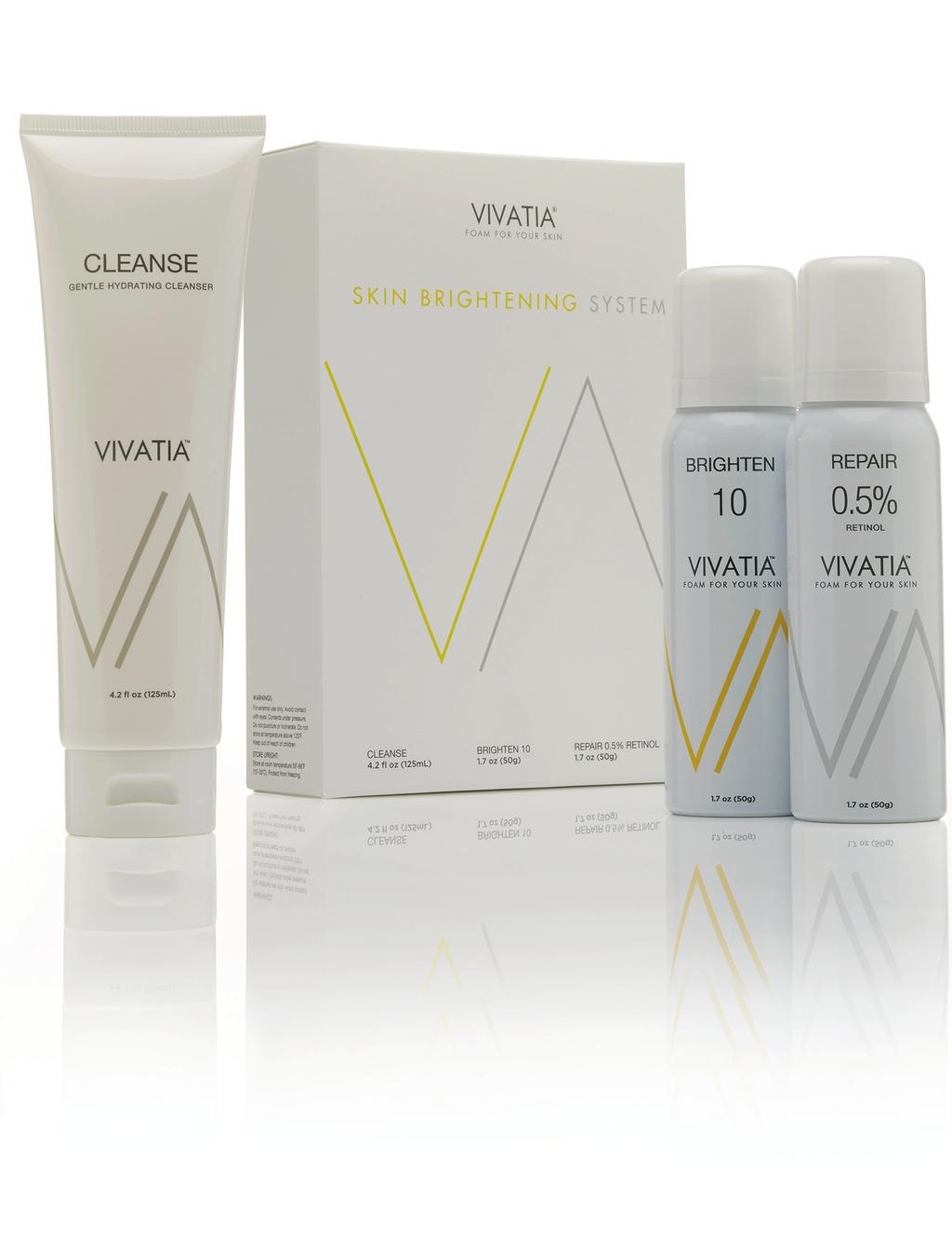 VIVATIA BRIGHTENING SYSTEM POWERFUL ANTI-AGING KEY AESTHETIC BENEFITS Vivatia s Foam Technology: Delivers highly concentrated levels of ingredients in an elegant formula designed to be safe and