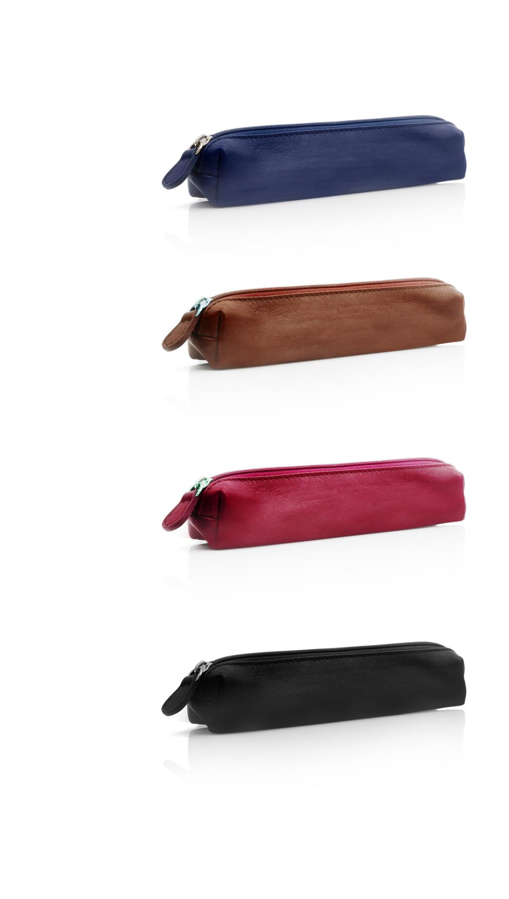 COBALT PENCIL CASE - Travel Medium size pencil case, hand finished from fine calf leather with plain reverse and strong zip which secures the case. Size: L 16 cm, H 4 cm, D 5 cm.