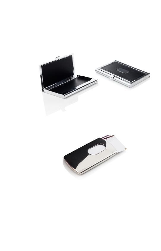 ART MORPHOLOGY FINE CORPORATE AND MUSEUM GIFTS MONTPELLIER BUSINESS CARD HOLDER - Travel Black leather and Silver plated business card holder. Engravable. Size:9.3 cm, H 6 cm, D 0.7 cm.