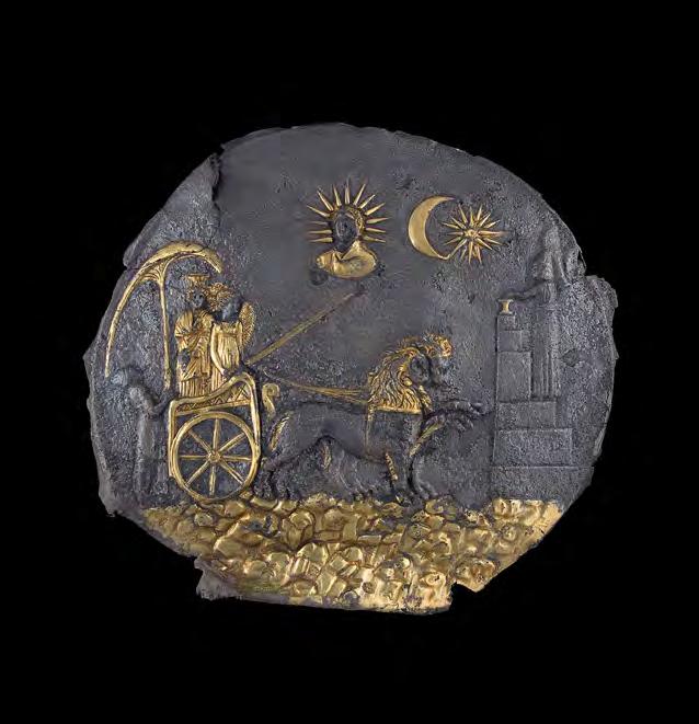 Image 2 Ceremonial plaque depicting Cybele, 200 b c e. Afghanistan; Ai Khanum, temple with niches. Gilded silver. National Museum of Afghanistan. Who and what is represented here?