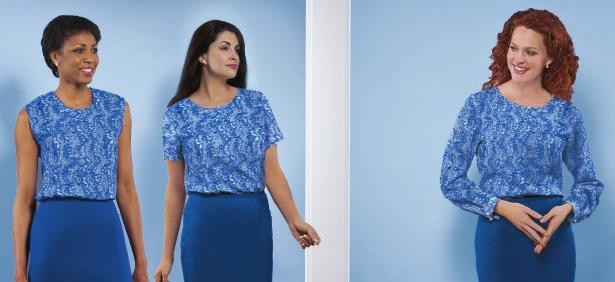 (See below for color by career path status.) The blouse features a jewel neckline, front and back contouring darts, back zipper and hemmed bottom.