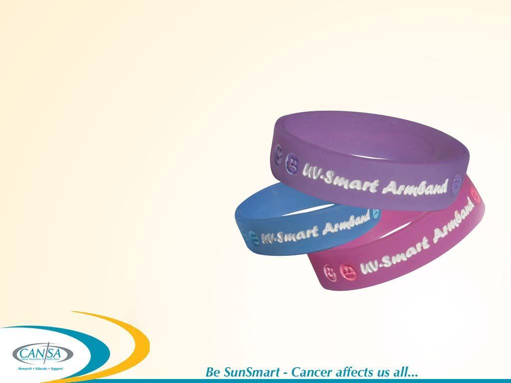 CANSA s UV-Smart Armbands The UV-Smart Armbands sell for R30 each and are available in blue, pink and purple in adult