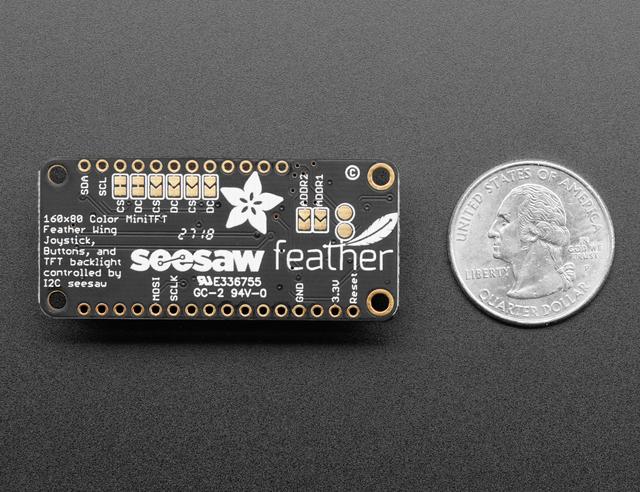 Thanks to seesaw the 7 user interface switches are managed over I2C so you don't need any extra GPIO pins to spare, this display will even work on low-pin-availability Feathers like the ESP8266.