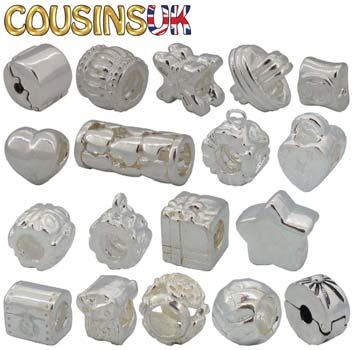 BOLT RINGS Beads, Sliders & Stoppers Cousins UK - Bead Sliders - Bead Stoppers - Silver Shapes: (End Catch) Barrel Cross Greek Heart Hearts Cylinder Hearts Ring with Loop Heart Padlock Shape
