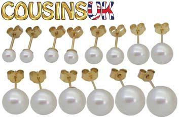 EARWIRES & SETTINGS Stud (Pearl) Earrings Cousins UK- Earrings - Cultured Pearl Studs (Matched Pairs) Critically Round Fresh Water Cultured Pearls Shanks & Scrolls Sizes Ø: 3, 4, 5, 6, 7, 8 & 9mm