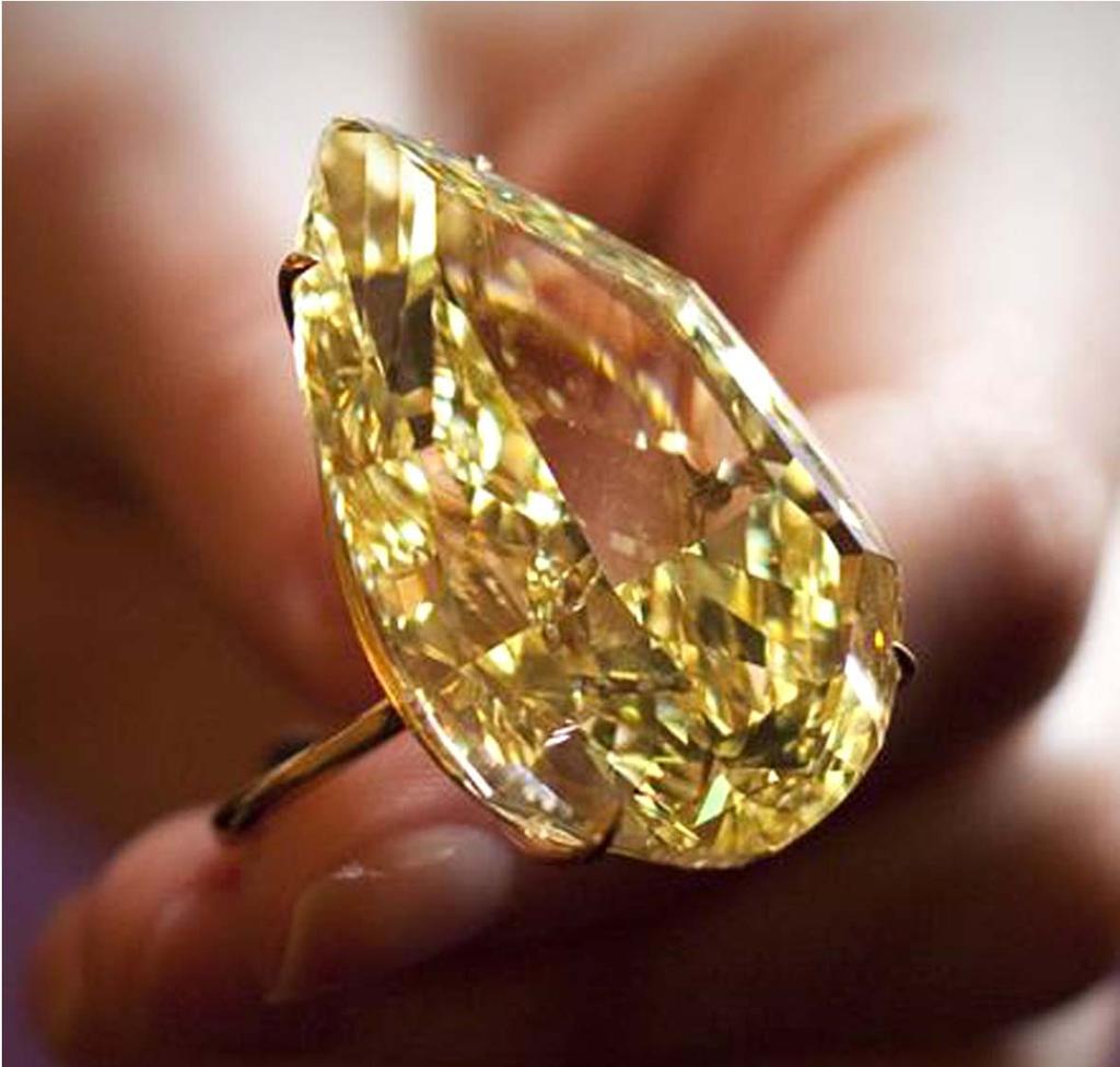 Yellow Diamonds Most Yellow colors are the presence of nitrogen or hydrogen atoms in the diamond crystal. The greater the nitrogen saturation, the stronger the color.