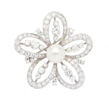 10 Lyon & Turnbull 15 A diamond and cultured pearl set brooch modelled as a flower in bloom, of pierced design set with a central cultured pearl, the petals set throughout with graduated round