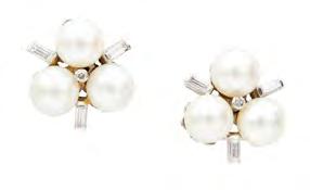1mm - 9mm 1,000-1,500 99 A pair of cultured pearl and diamond set cluster earrings each composed of three cultured pearls, three baguette cut diamonds, and a small central eight cut diamond, to post