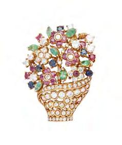 Jewellery, Silver, Watches & Wine 39 193 CHANTECLER - A multi-gem set giardenetto brooch modelled as a basket of flowers, the basket set throughout with graduated round