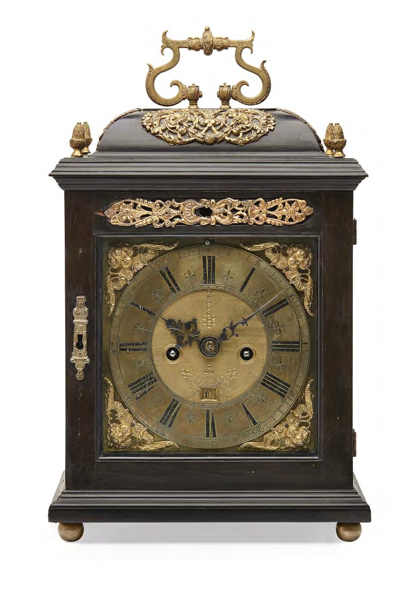 EBONY-VENEERED REPEATING BRACKET CLOCK, THOMAS WARDEN, LONDON LATE 17 TH CENTURY 24cm wide (handle up), 38cm high, 17cm deep 3,000-5,000 FINE FURNITURE & WORKS OF ART Select entries are welcomed