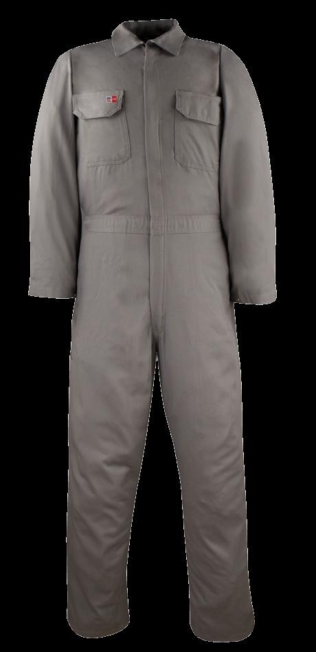 UNLINED WORK COVERALL AVAILABLE IN 1 COLOR & 1 FABRIC 2 HIDDEN SNAPS FRONT CLOSURE ON COLLAR / TWO-WAY CONCEALED NOMEX TAPED BRASS ZIPPER FRONT CLOSURE / 1 SNAP AT WAISTBAND ON